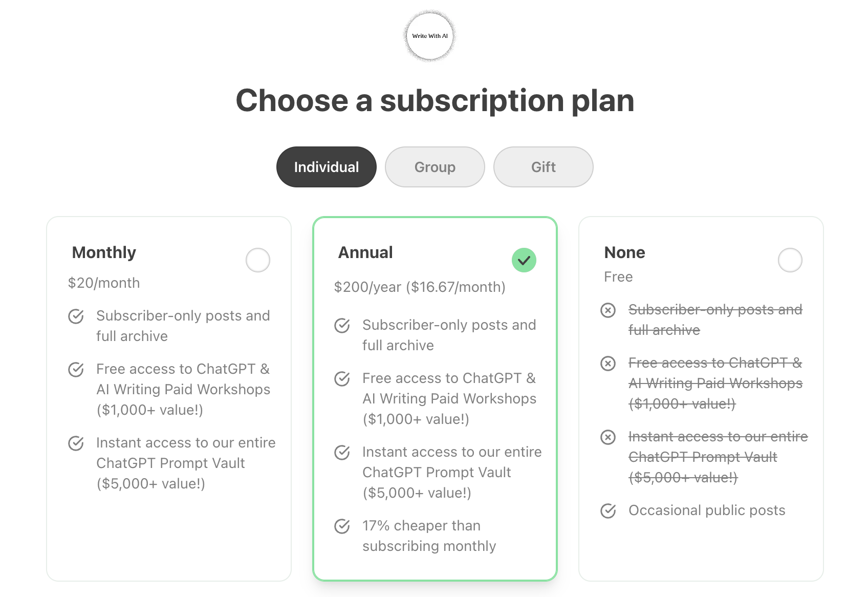 subscription options for Write with AI newsletter