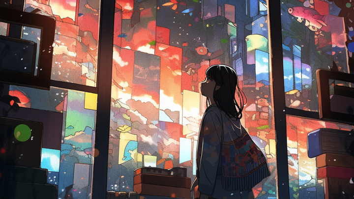 Girl looking through the window of a multi-colored world